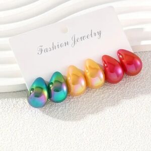 #3 3 Pairs Macaron Color Hot Water Drop Earrings Set, Stainless Steel Posts